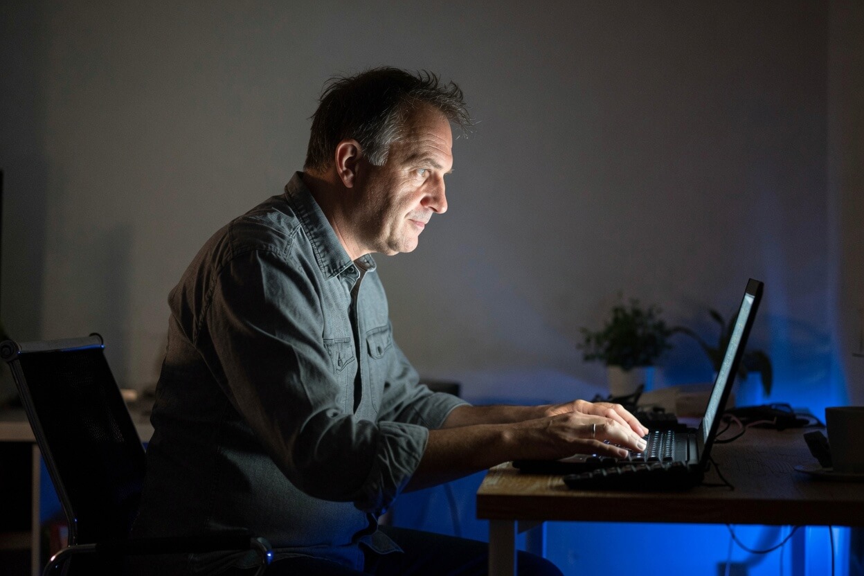 Married man secretly using laptop at night to browse adult content in a dimly lit home office
